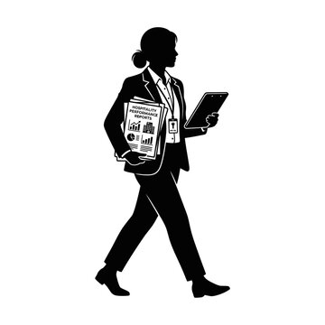 Businesswoman in a formal suit walks while carrying a clipboard and performance report documents.