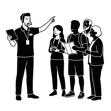 Tour guide presents information to a diverse group of travelers using a digital tablet device.