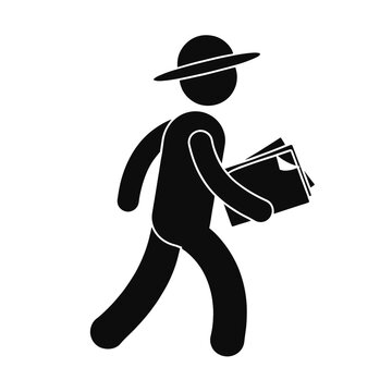 Traveler wearing a sun hat walks briskly while holding a folder full of important documents.