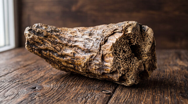 Ancient Bison Horn Core Fossil Fragment with Natural Grooved Texture on Dark Stained Wood &ndash; 5K Ice Age Bovine Relic