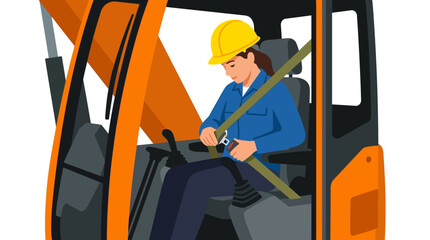 Fototapeta premium Construction worker fastening seatbelt in excavator cab, safety first concept