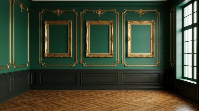 Empty vintage picture frames hanging on a dark green wall inside a classic room with natural light coming from a side window