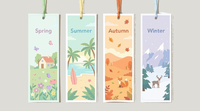 Set of paper bookmarks representing four seasons of the year with spring summer autumn and winter landscapes