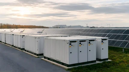 Rows of white battery storage units stand beside a large solar panel field under an overcast sky © Bussakon