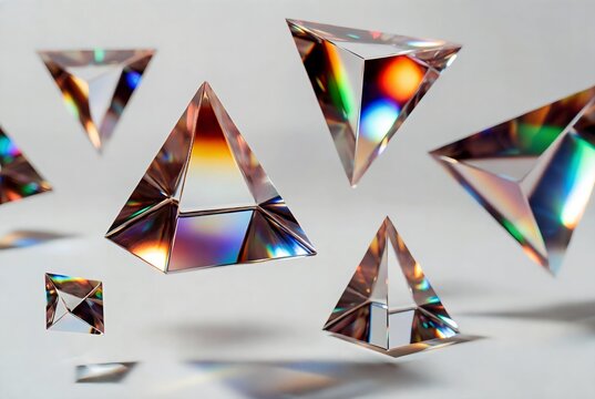 Floating glass triangular prisms with rainbow light dispersion and caustic reflections, minimalist background, digital art.