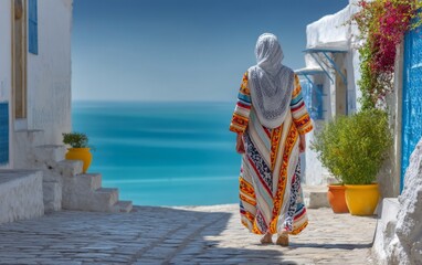 Fototapeta premium Traditional Tunisian Caftan Style Woman Walking Through Sidi Bou Said Streets
