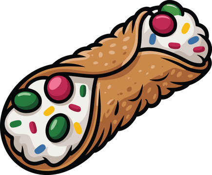 Italian cannoli pastry filled with cream and topped with small candies food vector on white background.