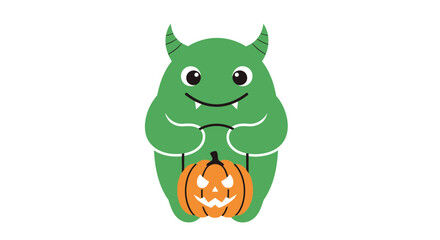 Fototapeta premium Cute Green Monster Holding Halloween Pumpkin Icon