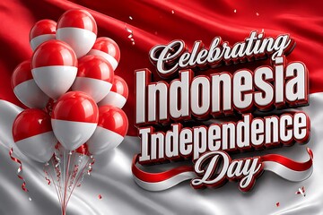 Fototapeta premium Celebrating Indonesia Independence Day festive banner with balloons and red white silk fabric