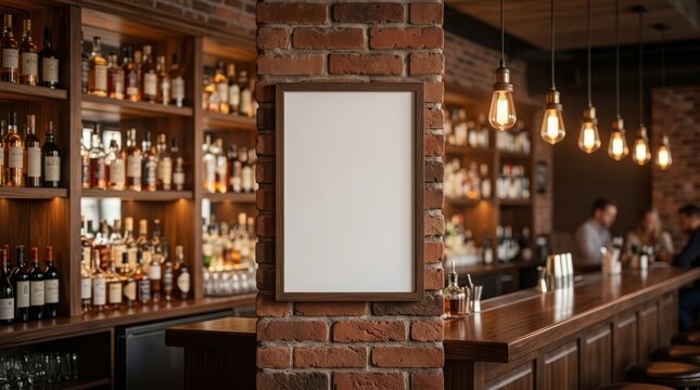 Blank vertical poster frame on a rustic brick wall inside a dimly lit bar with rows of liquor bottles on wooden shelves