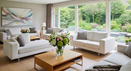Fototapeta premium Bright modern living room with large windows, elegant furniture, natural daylight, and garden views, creating a stylish, comfortable, and inviting residential interior