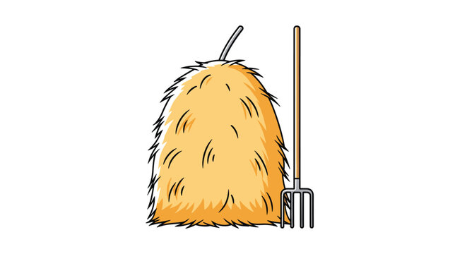 Traditional farm haystack bundle alongside metal pitchfork representing autumn harvest and country farming life.