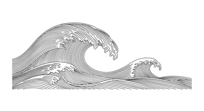 Engraved line art wave illustration capturing dynamic movement of ocean currents in traditional Japanese style.
