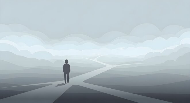 Man at crossroads with multiple paths ahead