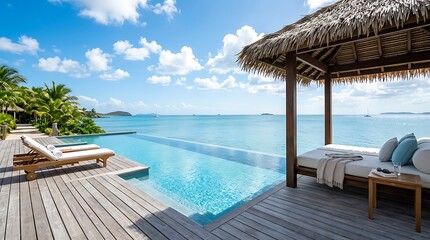 Fototapeta premium Luxury tropical resort pool and deck overlooking ocean with lounge chairs and thatched hut