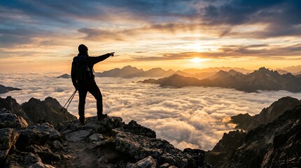 Fototapeta premium Adventurer Standing on Peak Overlooking Mystic Mountain Cloudscape and Sea of Clouds Wellness Travel Destination at Golden Hour Sunset