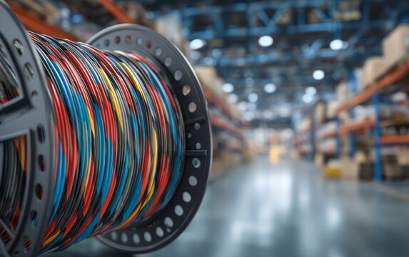 Close-Up of Colorful Electrical Cable Drum in Warehouse Setting