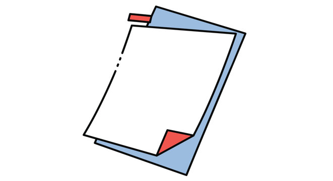 Simple vector illustration of a blank white sheet of paper on top of a blue folder with a red bookmark tab.