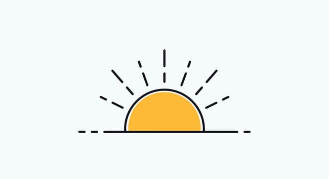Minimalist vector illustration of a rising yellow sun with simple linear rays over a light blue background.