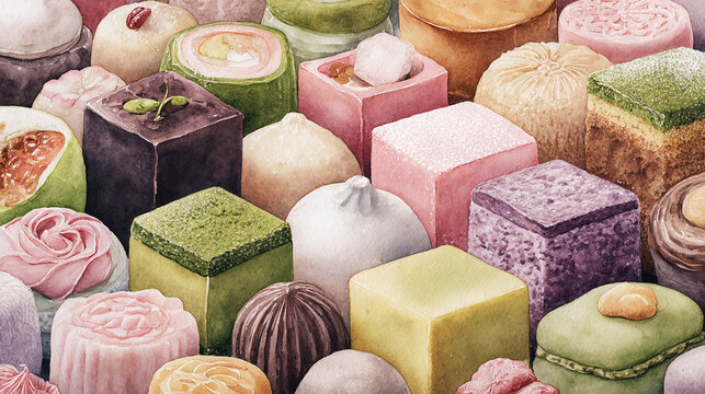 Watercolor illustration of wagashi Japanese sweets with traditional desserts, bean paste sweets and pastel confections, with fine textured detail across the composition