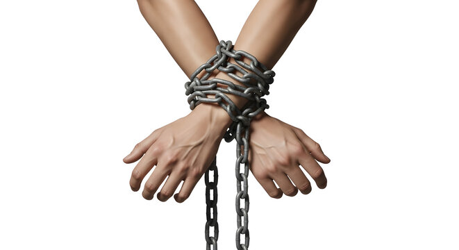 Human hands bound tightly by heavy metal chains on a white background
