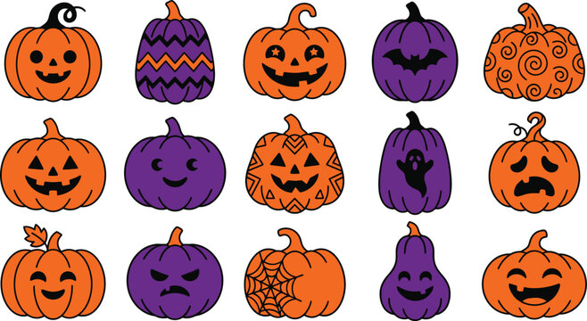 Halloween pumpkins collection orange and purple cartoon jack o' lantern faces