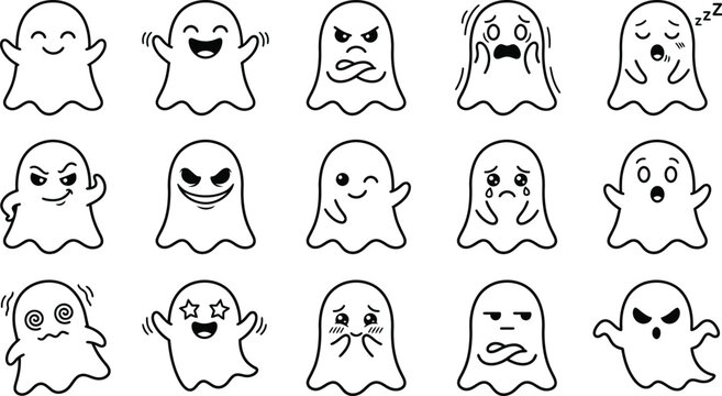 Halloween ghost emojis and stickers cute cartoon ghost faces for halloween decorations and social media