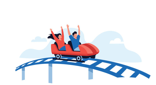 Thrilling flat vector illustration of a happy young couple riding a fast rollercoaster in an amusement park.