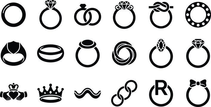 Black and white ring icons set collection