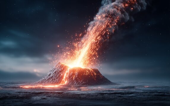 Erupting Shield Volcano with Massive Lava Bombs Ejected from Crater