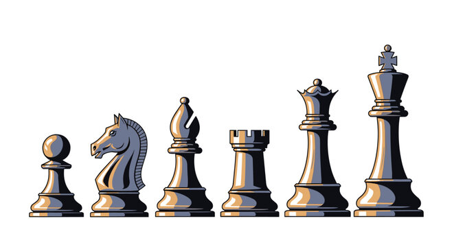 Six classic chess pieces lined up in order of value from pawn to king shown as a vector cartoon illustration.