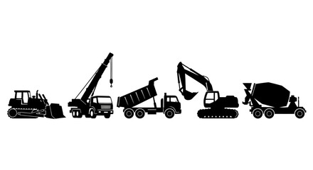 Heavy construction vehicles in silhouette on white background © Sudha