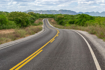Fototapeta premium Scenic Paved Road Crossing the Semiarid Caatinga Landscape in the Sertao of Paraiba, Northeast Brazil