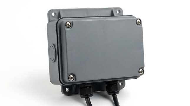 "Gray Waterproof Electrical Junction Box with Cable Glands and Mounting Screws on White Background"

