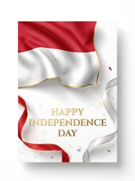 Elegant Indonesia Independence Day poster with waving national flag and gold confetti elements