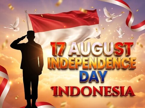 Indonesian soldier saluting the national flag on 17 August Independence Day celebration poster.