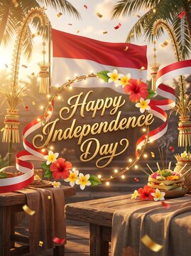 Beautiful Indonesian Independence Day greeting with traditional Balinese decorations and flag.