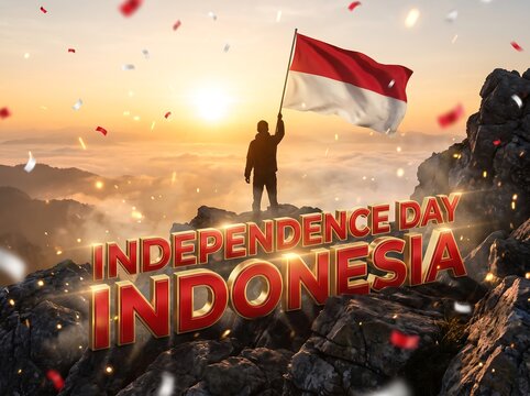 Silhouette of a man holding the Indonesian flag on a mountain peak for Independence Day event