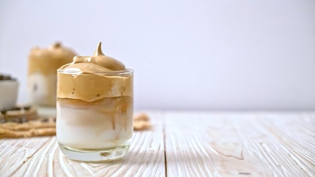 Delicious caramel mousse dessert in a glass on wooden table