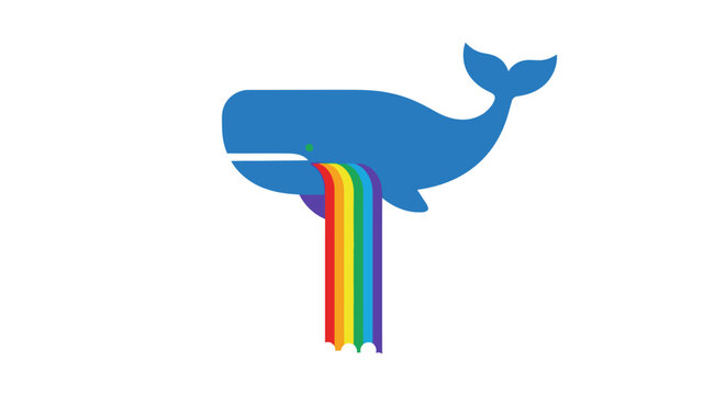 Blue whale spouting rainbow colors isolated on white background