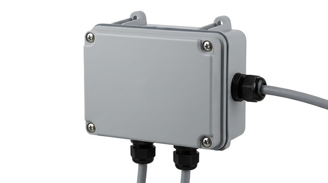 "Gray Waterproof Electrical Junction Box with Cable Glands and Mounting Screws on White Background"

