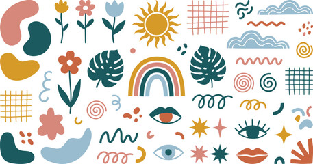 Fototapeta premium Collection of hand-drawn boho aesthetic graphic elements with aesthetic abstract bohemian illustration minimalist creative botanical colorful collection elemental stylized artistic
