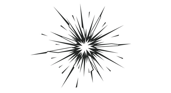 Abstract black starburst explosion or shattered glass cracks on white background representing impact or damage.