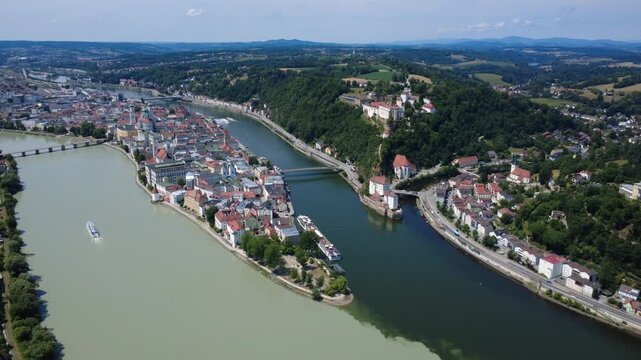 Aerial Passau, Germany: three rivers, flying toward Oberhaus castle