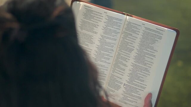 Over-the-shoulder view of woman reading open Spanish Holy Bible in park