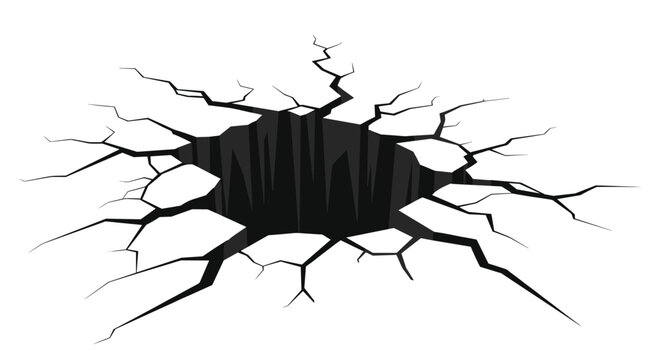 Deep dark sinkhole in the cracked earth showing a dangerous chasm or pit caused by an earthquake or disaster.