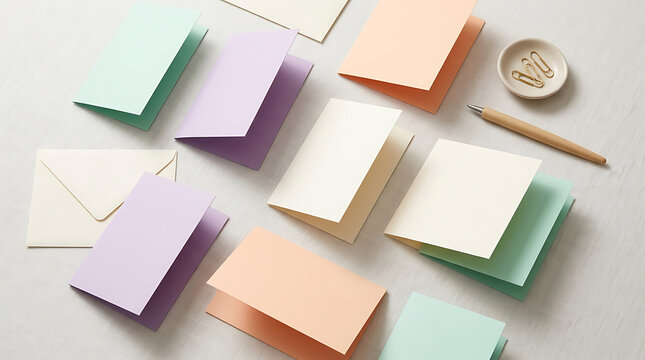 Assorted pastel colored folded greeting cards with envelopes and stationery supplies on white table