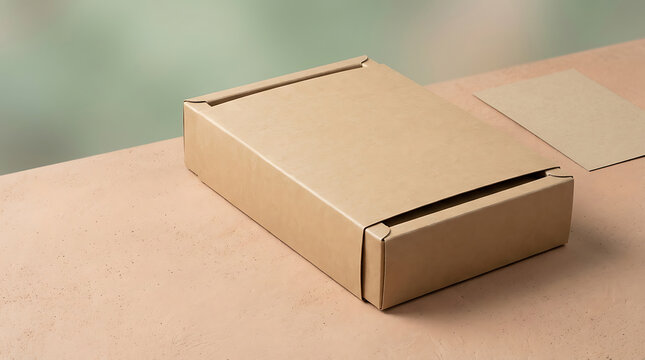 Brown cardboard box with matching envelope on a light beige surface for product packaging mockup