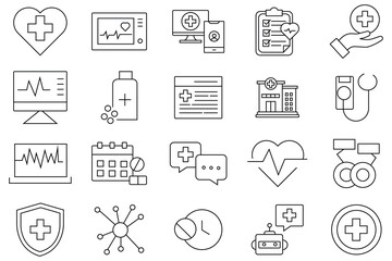 Fototapeta premium Digital health icons vector set. Digital health icons vector set. Line icon of digital healthcare icon symbol and sign, computing, phone, security, virtual, payments. Vector illustration. 