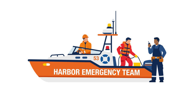 Harbor Emergency Team on Rescue Boat, Safety and Assistance
